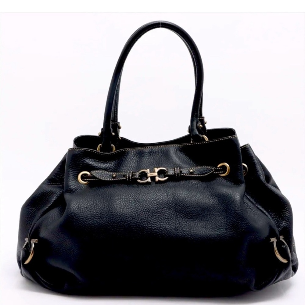Salvatore Ferragamo Black Pebbled Leather Shoulder Bag with Gold Hardware - Picture 2 of 14